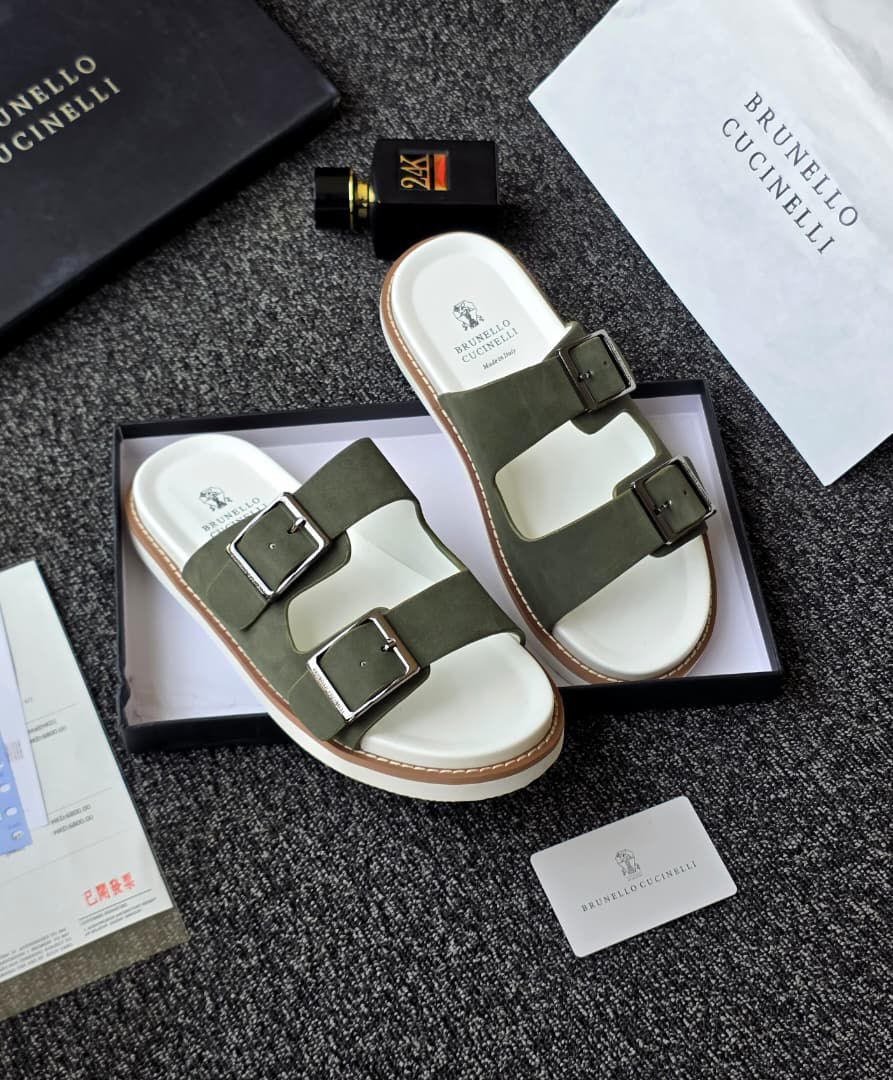 Brunello Cucinelli Suede Double-Strap Slide Sandals