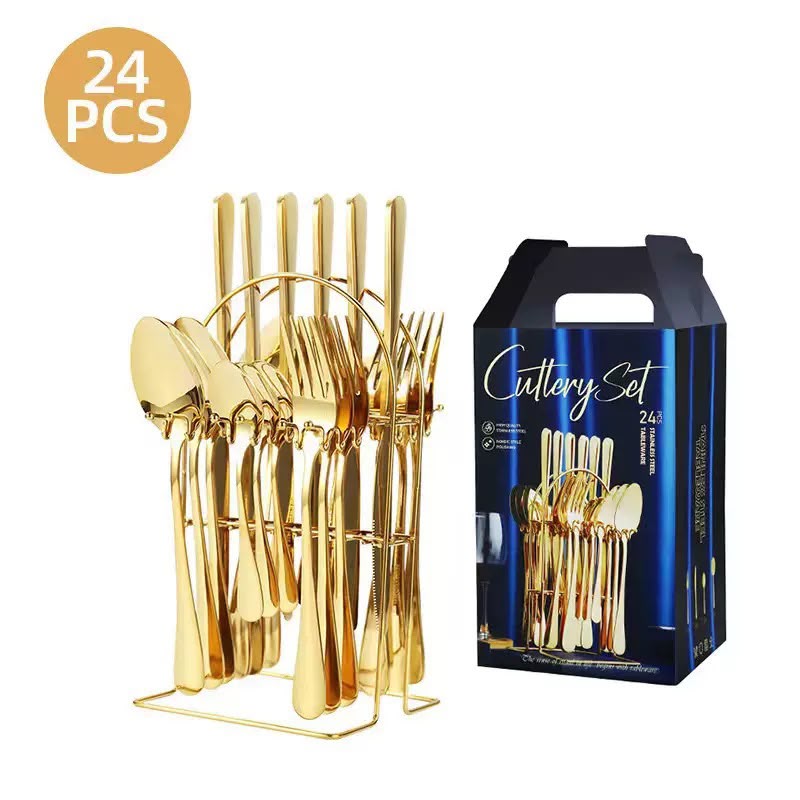 24-Piece Stainless Steel Gold Cutlery Set with Organizer Stand