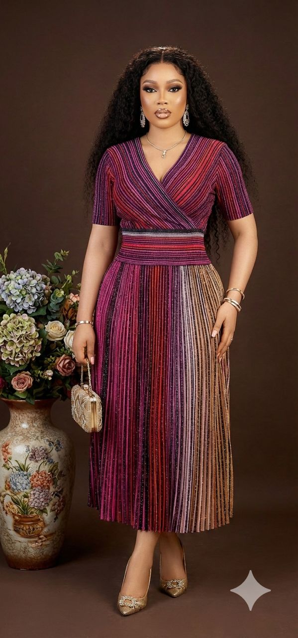 Luxury Miyaki Pleated Color-Block Midi Dress