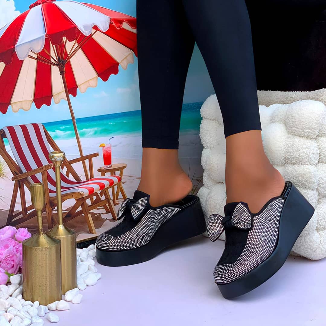 Rhinestone Bow Platform Wedge Mule Slippers.